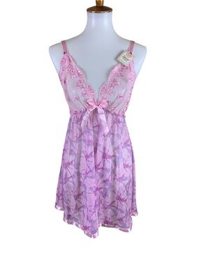 Spree Intimates Pink Floral Lace Rhinestone Babydoll Lingerie 2X NWT Y2K